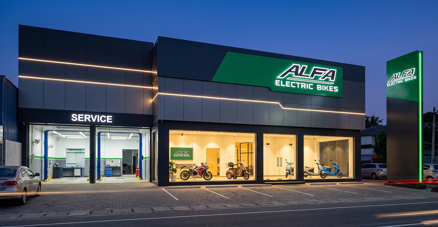 Woman seated on an ALFA electric bike outside a showroom